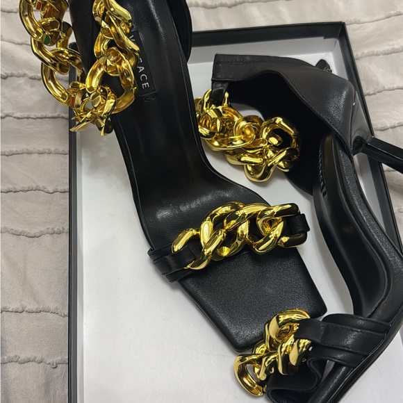 Versace Shoes - Versace Black Leather High Heels with Gold Chain Detail